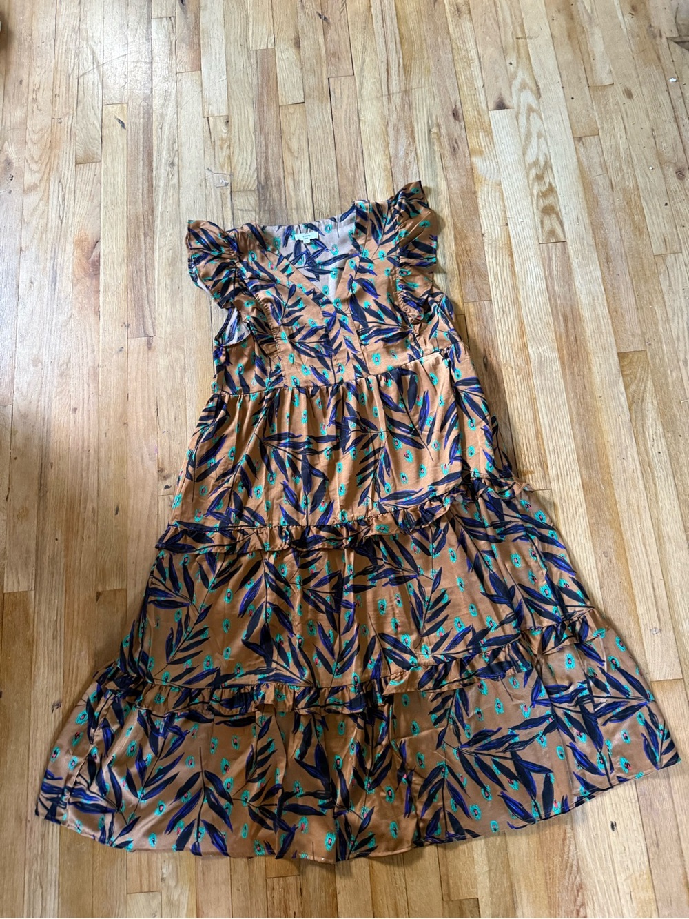entro Tan Dress with Blue and Teal Leaf Print